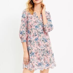 LOFT Floral Embroidered Pink Scalloped Hem 3/4 Sleeve Swing Shirtdress Womens 8